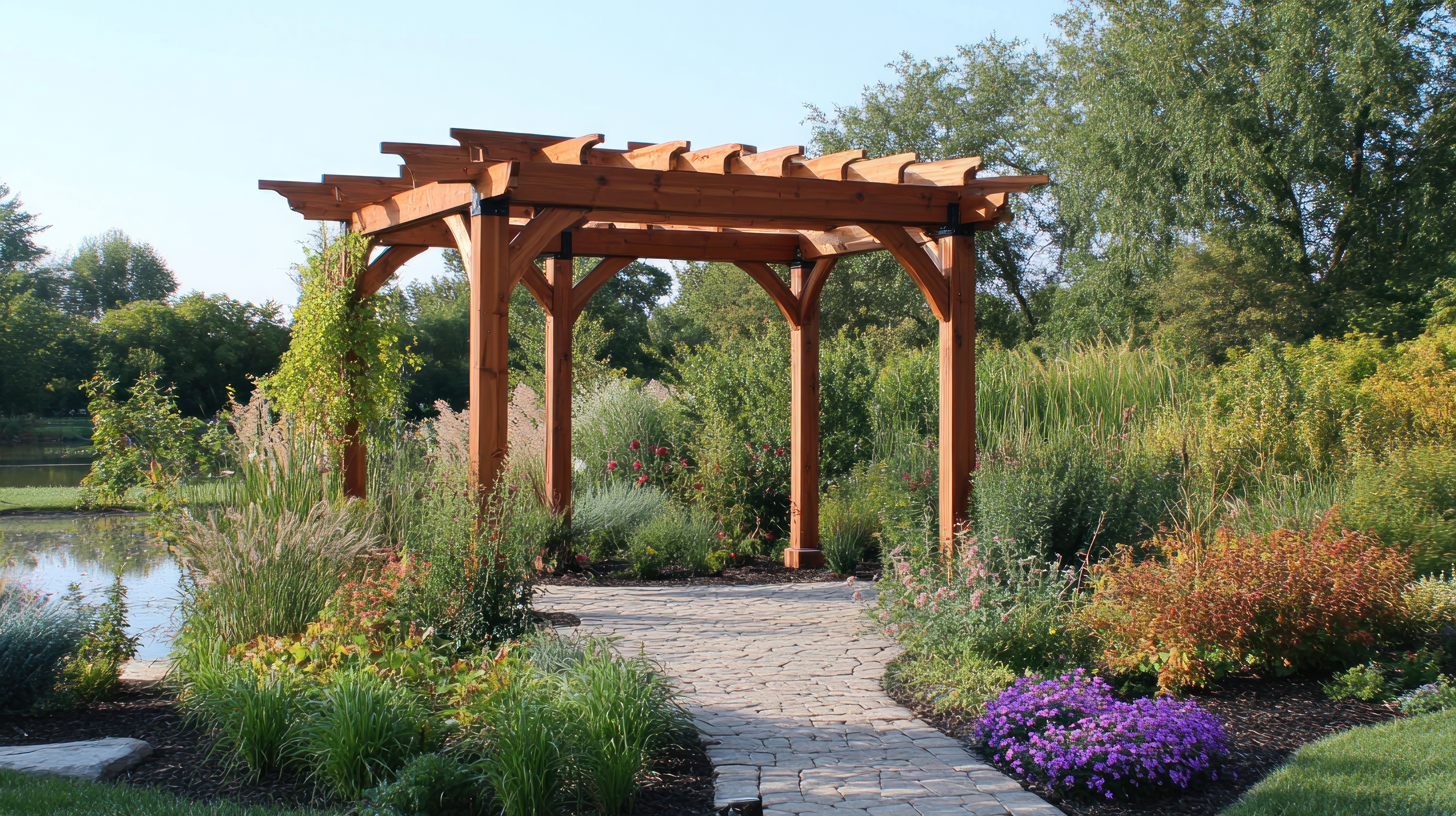 Illuminated blue lanterns hang under a pergola at dusk, creating a warm, inviting ambiance.